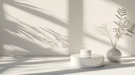 details of white podium and cosmetic product. Subtle shadows can add depth, contributing to the realism of the presentation.