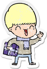 distressed sticker of a happy cartoon boy
