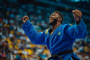 Victorious Judo Fighter Celebrating Success in Arena. Generative AI.