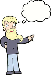 cartoon man with beard pointing with thought bubble
