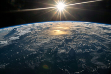 Breathtaking view of Earth from space with visible sun. Generative AI.