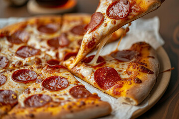 Fresh Pepperoni Pizza with Melted Cheese Close-Up. Generative AI.