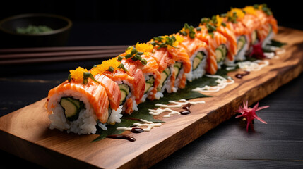 Fresh sushi rolls elegantly presented on a wooden serving board. Generative AI.  - Powered by Adobe