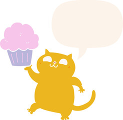cartoon cat and cupcake and speech bubble in retro style