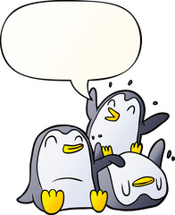 cartoon happy penguins and speech bubble in smooth gradient style