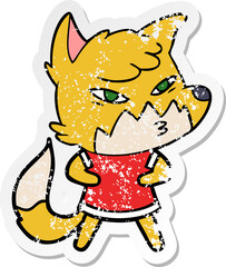 distressed sticker of a clever cartoon fox