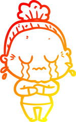 warm gradient line drawing cartoon crying old lady
