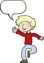 cartoon excited boy dancing with speech bubble