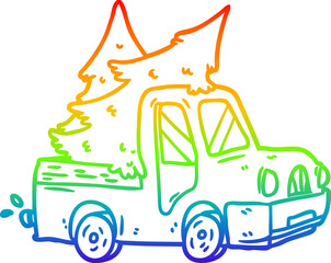 rainbow gradient line drawing pickup truck carrying christmas trees