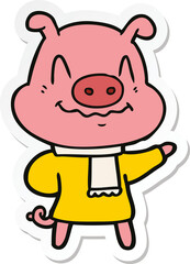 sticker of a nervous cartoon pig wearing scarf