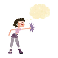 cartoon woman punching with thought bubble