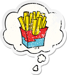 cartoon fries and thought bubble as a distressed worn sticker