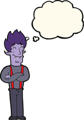 cartoon happy vampire man with thought bubble