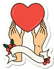 tattoo sticker with banner of a hands reaching for a heart