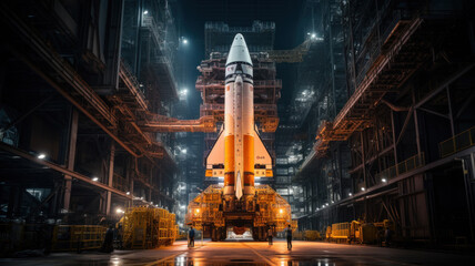 Space shuttle is in assembly shop of plant at night, rocket before start, fantasy view of aerospace factory. Concept of travel, technology, science, mission and industry