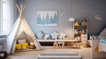 Modern interior of children’s room, Scandinavian home design with wood furniture for kids. Concept of contemporary apartment, winter, decor and decoration