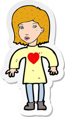 sticker of a cartoon woman wearing heart shirt