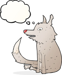 cartoon wolf sitting with thought bubble