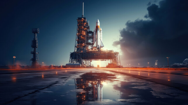 Space shuttle is on launch pad before start, rocket on sky background at night. Concept of travel, technology, science, sls, ship