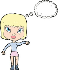 cartoon woman making gesture with thought bubble