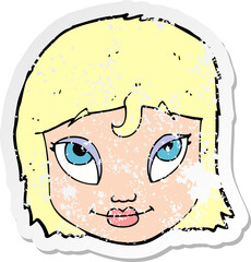 retro distressed sticker of a cartoon woman smiling