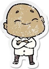 distressed sticker of a cartoon happy bald man