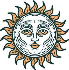 tattoo style icon of a sun with face