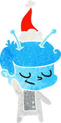 friendly retro cartoon of a spaceman wearing santa hat