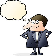 cartoon happy man in suit with thought bubble
