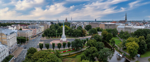 Beautiful aerial Riga view from above. Panoramic view of the Riga old town, the capital of Latvia.