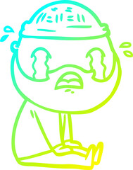 cold gradient line drawing cartoon bearded man crying