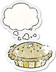 cartoon pie and thought bubble as a distressed worn sticker