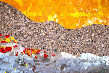 Abstract multicolored wall art glass crystals, pebbles stones mosaic elements decoration. Detail of red, orange, yellow, gold, glass silver color waves of ornamental abstract mosaic art patterns