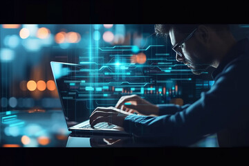 Cybersecurity specialist coding on laptop in modern office. Generative AI.