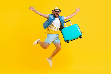 Happy male traveler jumping with suitcase on vivid background. Generative AI.