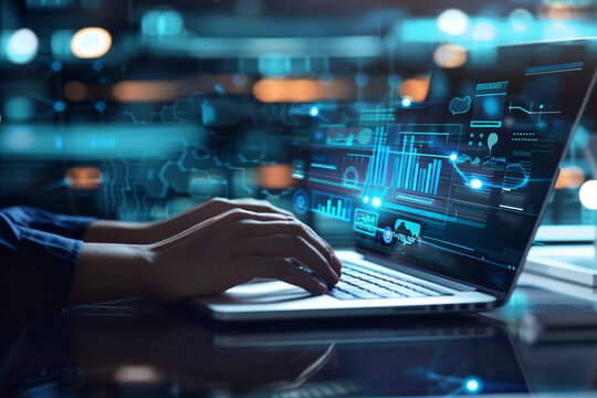 Person working on laptop with holographic screen projections. Generative AI.