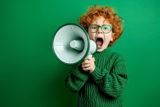 Excited ginger kid shouting through a loudspeaker on green background. Generative AI.