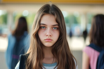 Obraz premium Portrait of contemplative young female outdoors with blurred background. Generative AI. 