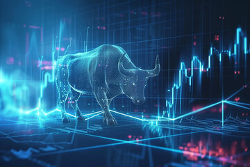 Abstract technology bull on glowing stock market chart. Generative AI.  - obrazy, fototapety, plakaty