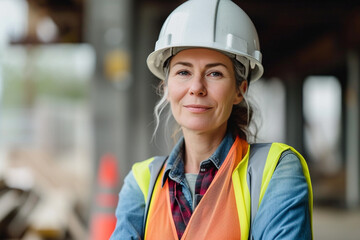 Professional woman in hard hat with a content smile on site. Generative AI.