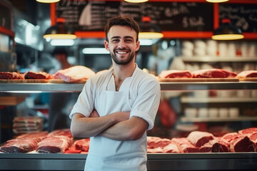 Happy butcher with arms crossed standing in meat shop. Generative AI. 