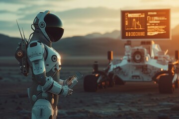 Advanced robotic astronaut with humanoid features stands on Martian terrain beside a high-tech rover against a sunset backdrop