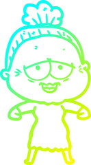 cold gradient line drawing cartoon happy old lady