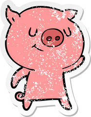 distressed sticker of a happy cartoon pig