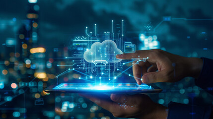 A tablet in the hands of an IT professional with a cloud management app open, and a futuristic cityscape in the background