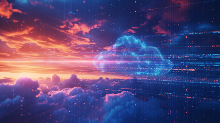 A dramatic skyline with digital clouds merging into the real clouds above, blurring the lines between virtual and physical, DevOps, Cloud Technologies, dynamic and dramatic compositions, with copy spa - obrazy, fototapety, plakaty