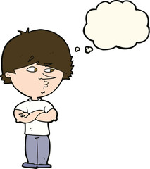 cartoon suspicious man with thought bubble