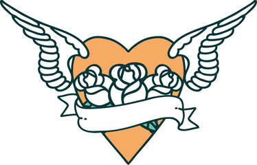 tattoo style icon of a heart with wings flowers and banner