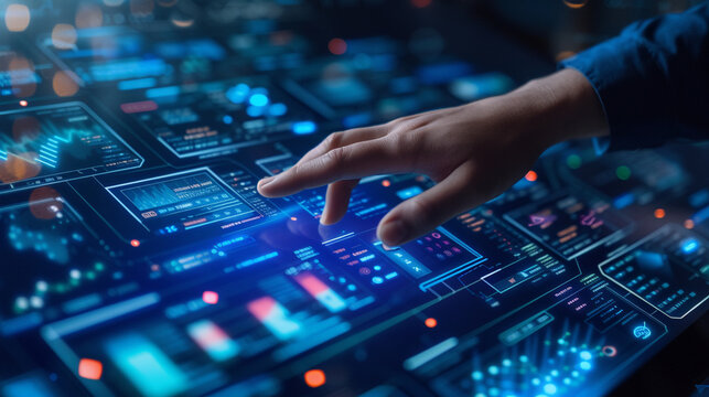 A digital workflow diagram on a transparent touchscreen, manipulated by an IT specialist, showcasing automation in DevOps, Cloud Technologies, dynamic and dramatic compositions, with copy space