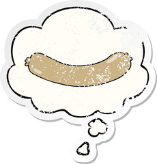 cartoon sausage and thought bubble as a distressed worn sticker